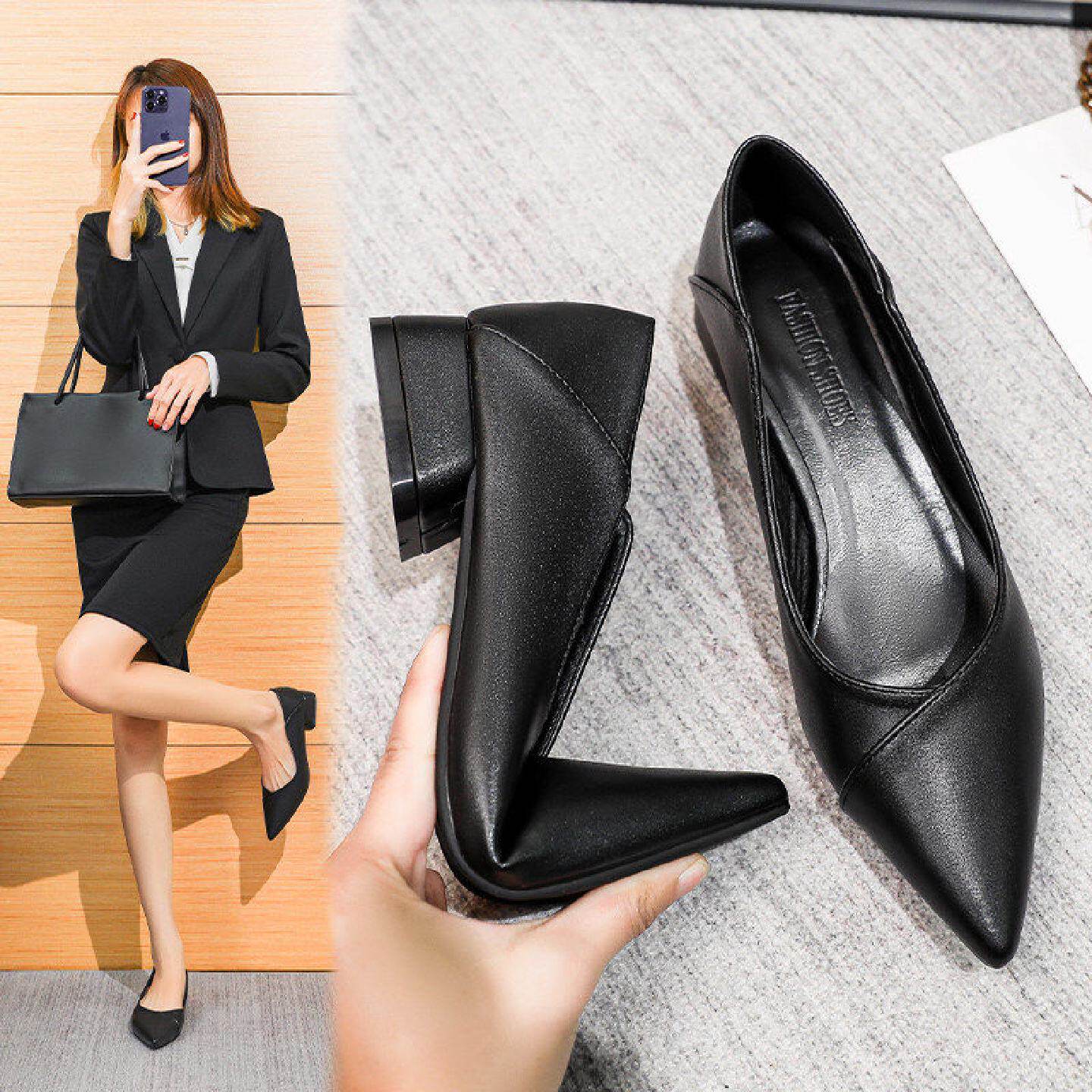 软皮工作鞋女黑色2025春季新款尖头平底单鞋久站不累脚职业上班鞋