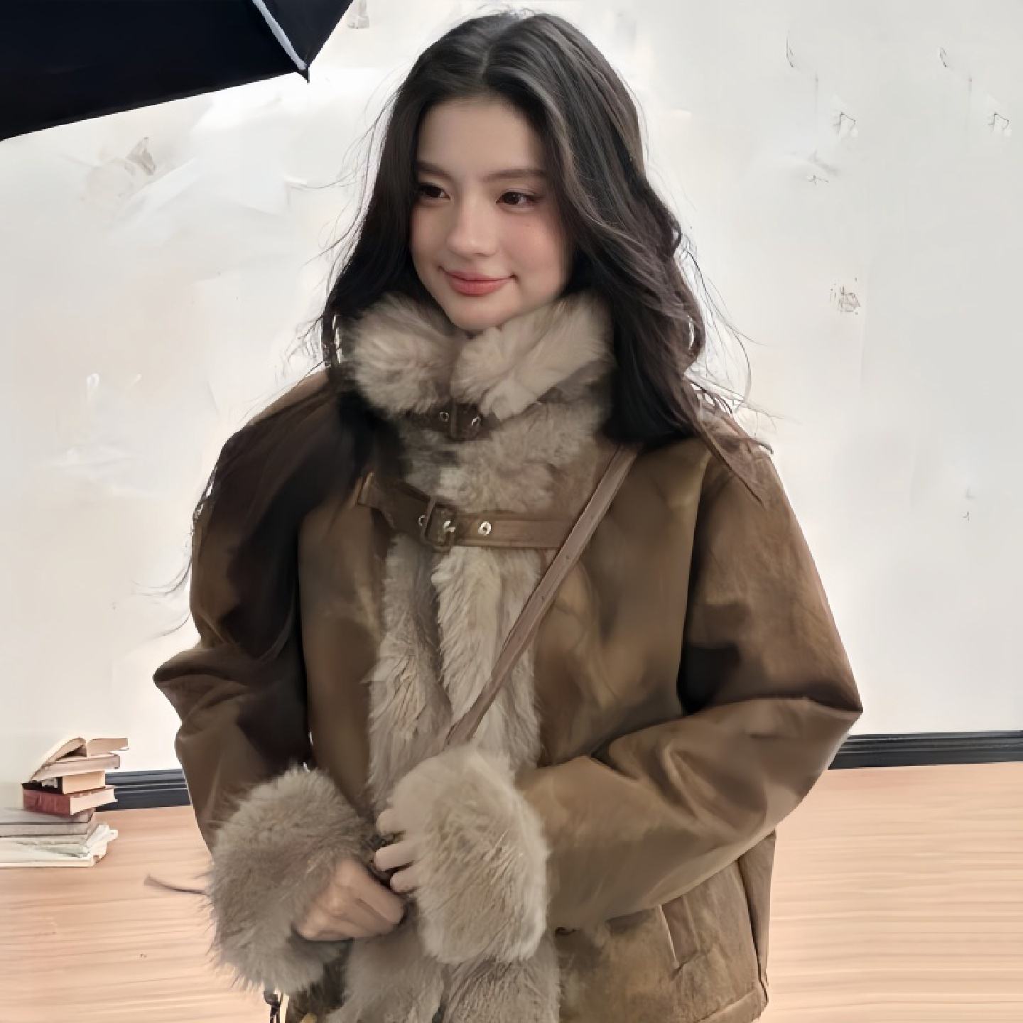 2025新款爆款美式复古棕色皮毛一体加绒加厚外套女冬麂皮绒机车服