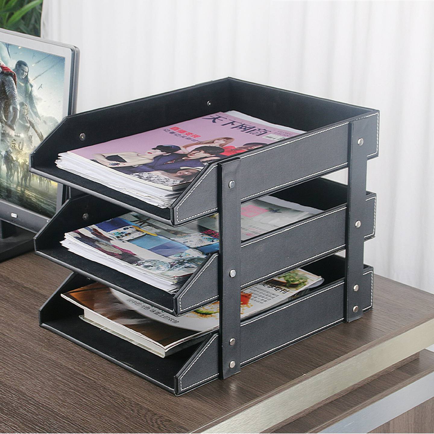 创意皮质桌面文件架资料收纳层架A4纸杂志架办公用品多层文件框置