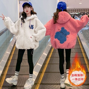 女童羊羔绒外套秋冬夹棉加厚洋气2024新款中大童冬装连帽毛毛衣潮