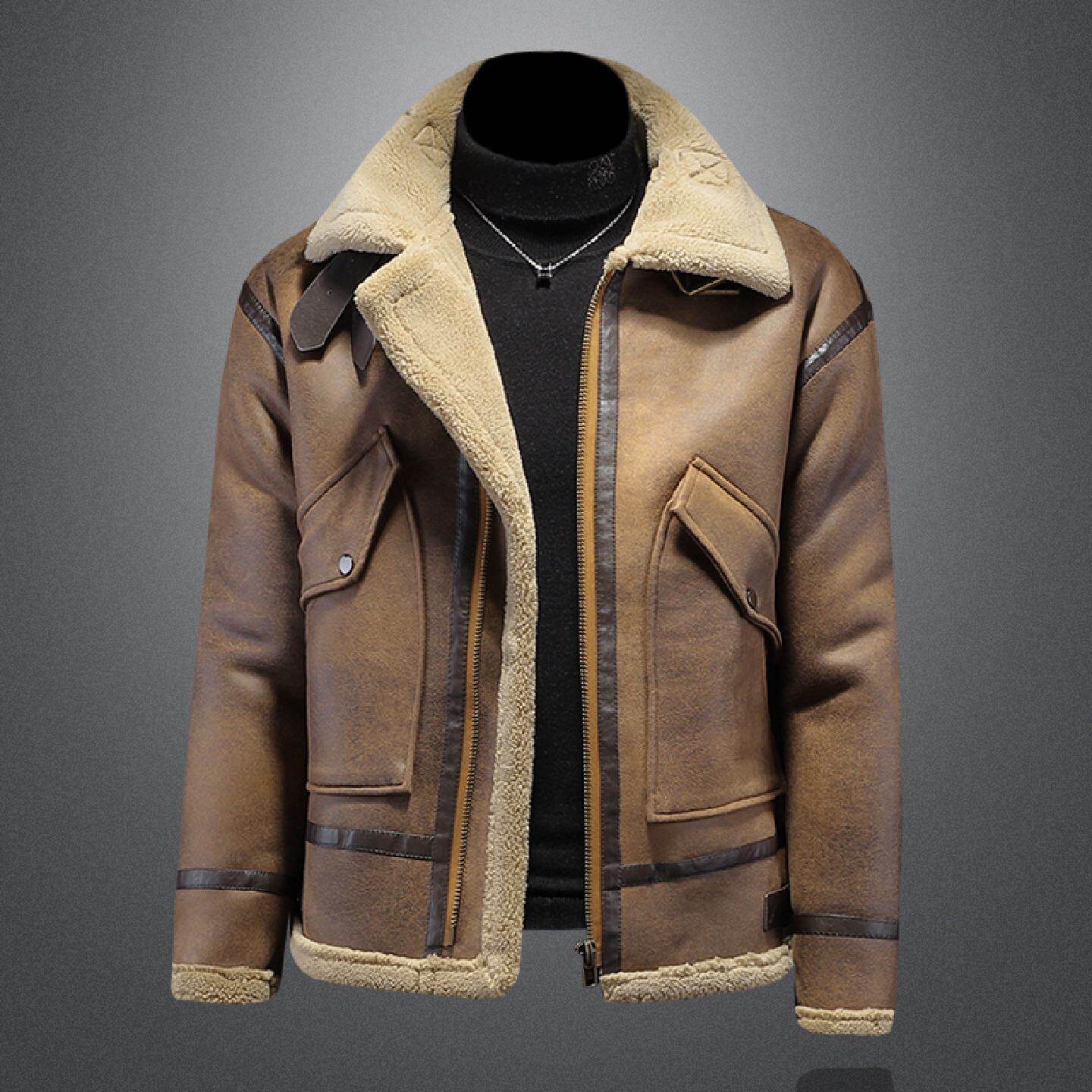 机车服羊羔绒夹克男年冬季新款皮毛一体外套大码加绒加厚棉衣潮男