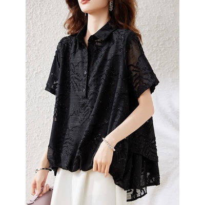 半开襟浮雕薄款短袖衬衫女2025夏季新款时尚休闲百搭遮肉显瘦上衣