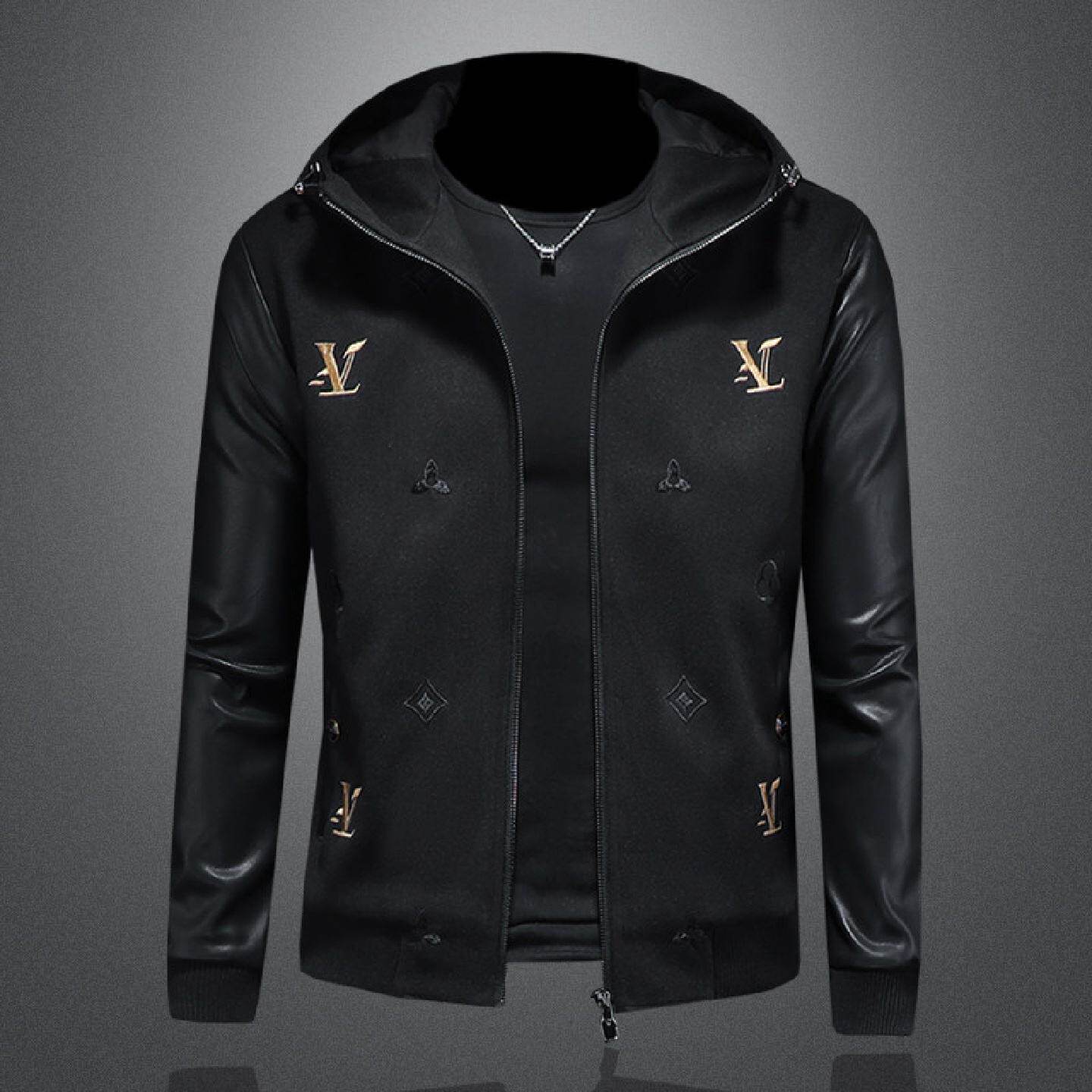 新款春装连帽休闲夹克衫修身刺绣欧洲站外套男士袖子皮拼接潮潮男