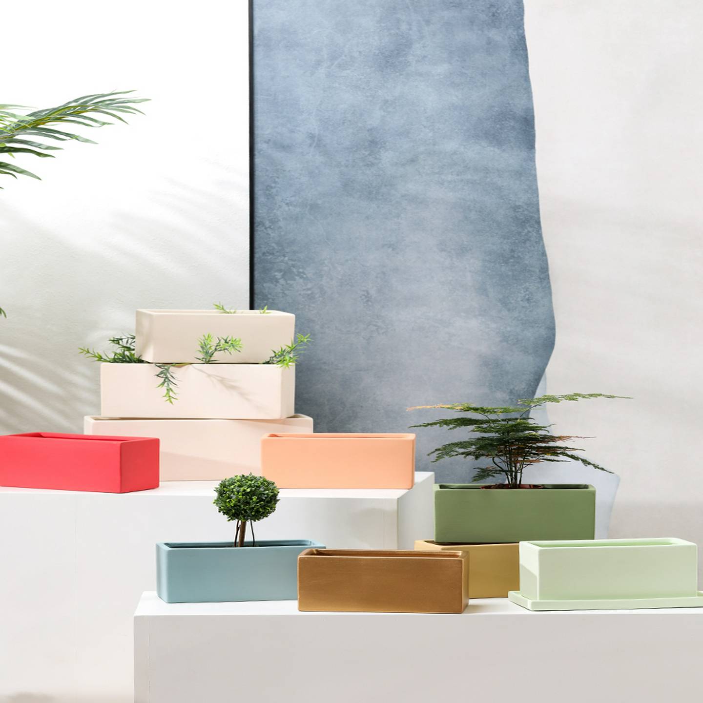 彩色陶瓷矩形花盆与孔和底部托盘斯堪的纳维亚花槽桌面阳台蔬菜绿