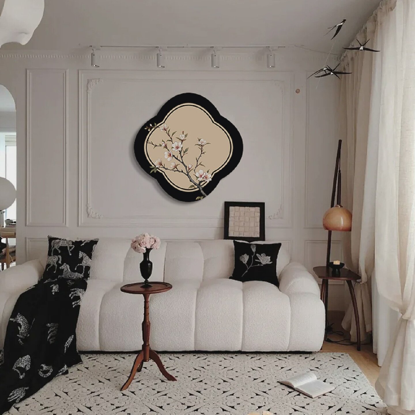 法式中国风客厅沙发背景墙装饰画不规则四联挂画中古风花卉壁画