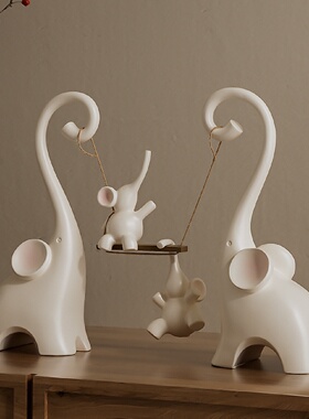 一家四口大象摆件奶油风高级感新家乔迁礼物客厅玄关电视柜装饰品