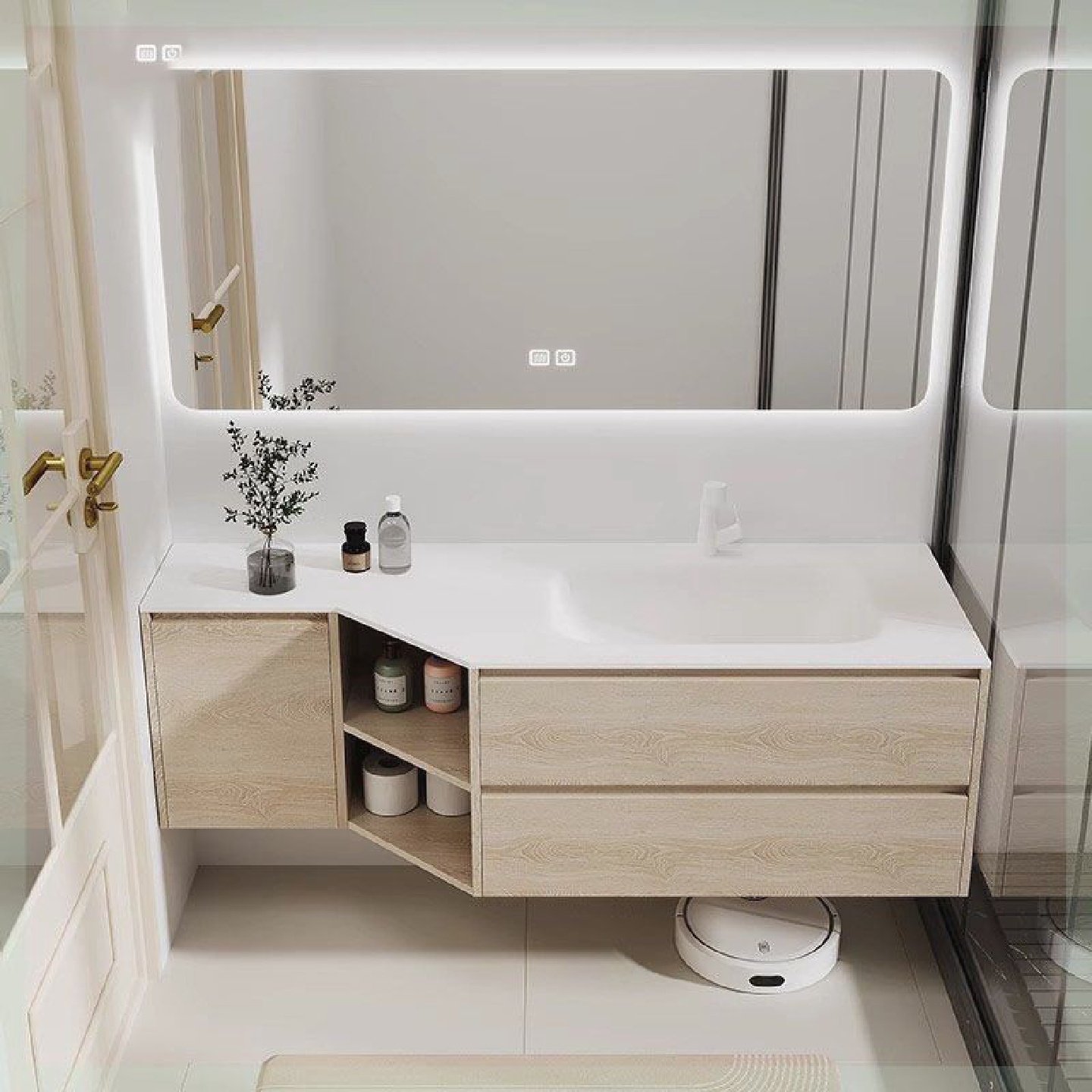 定制切角浴室柜组合无缝岩板热弯一体盆异三角洗手台智能洗脸盆