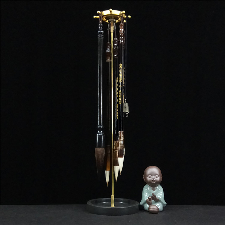 铜杆笔架毛笔挂学生墨碟创意摆件挂笔卖笔展示架毛笔架砚台兜水