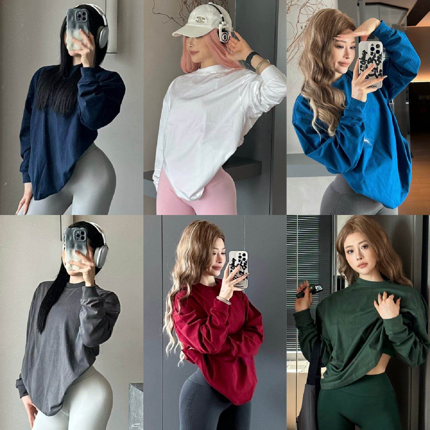 美式纯棉长袖t恤女秋冬季纯色高克重上衣休闲宽松运动健身服外穿