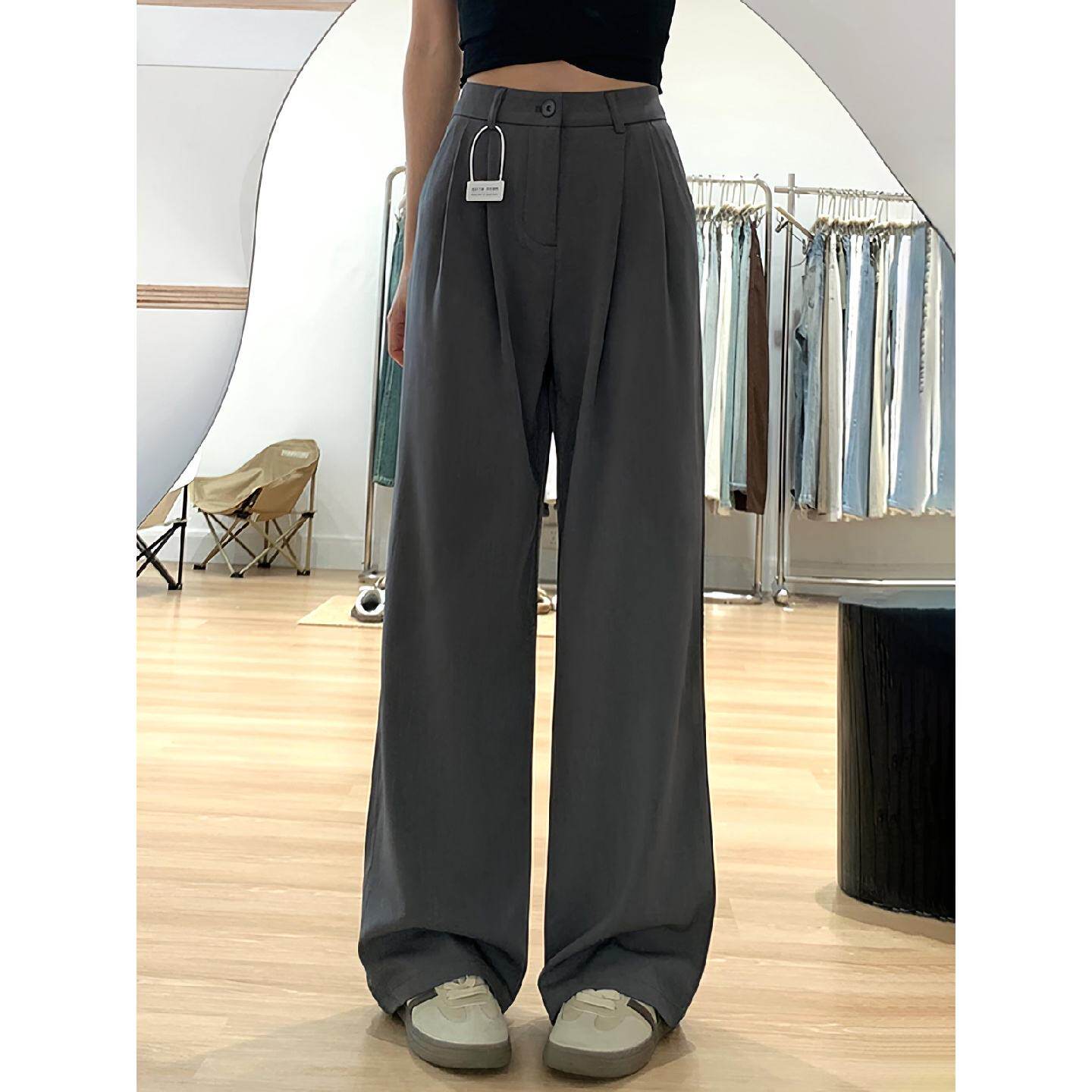 灰色休闲西装裤女秋冬新款胖妹妹mm高腰显瘦垂感梨型身材阔腿长裤