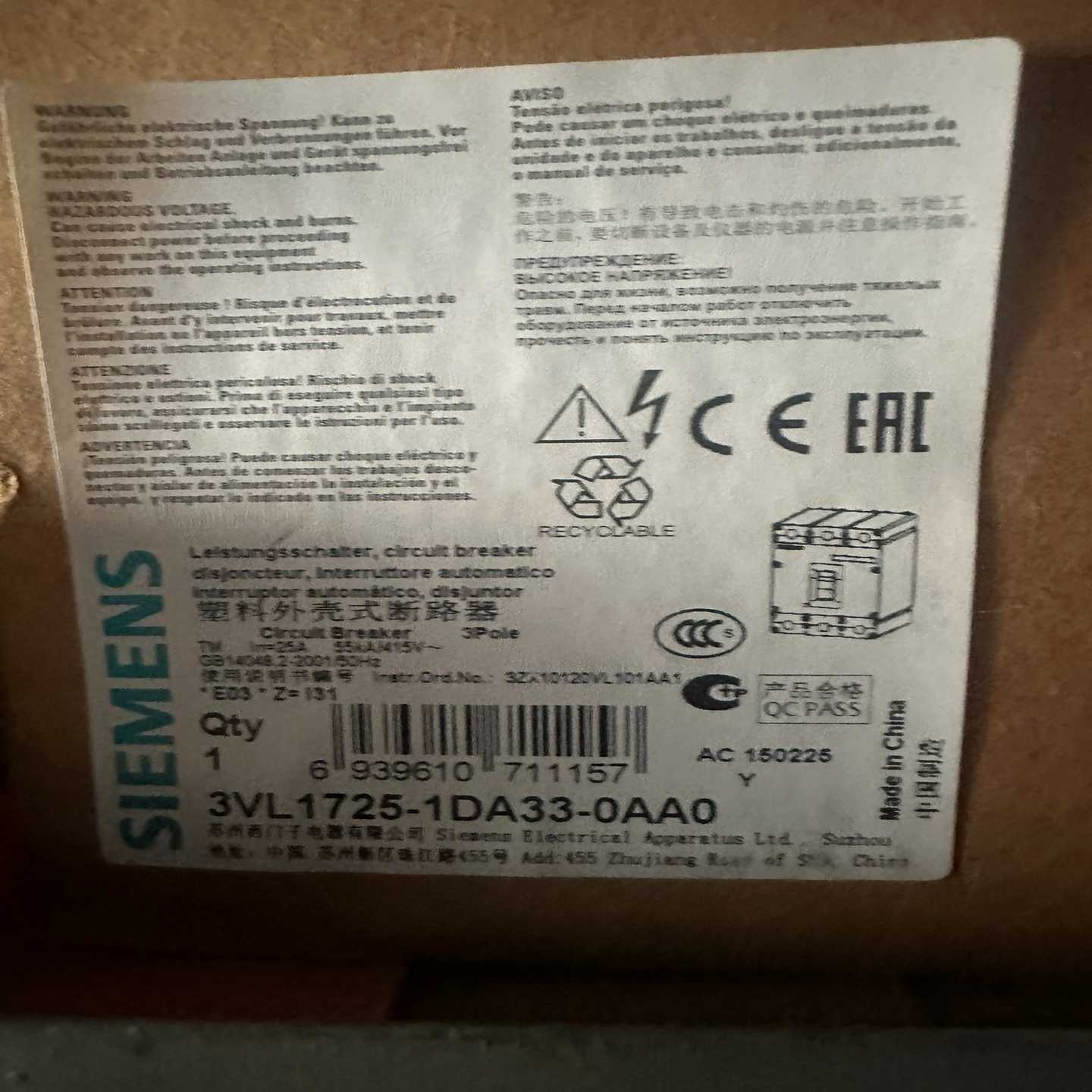 询价塑壳断路器。3VL1725-1DA33-0AA0