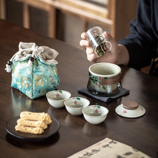 泥人述仿古草木灰手绘花蕊一壶三杯旅行茶具陶瓷玻璃茶具快客杯