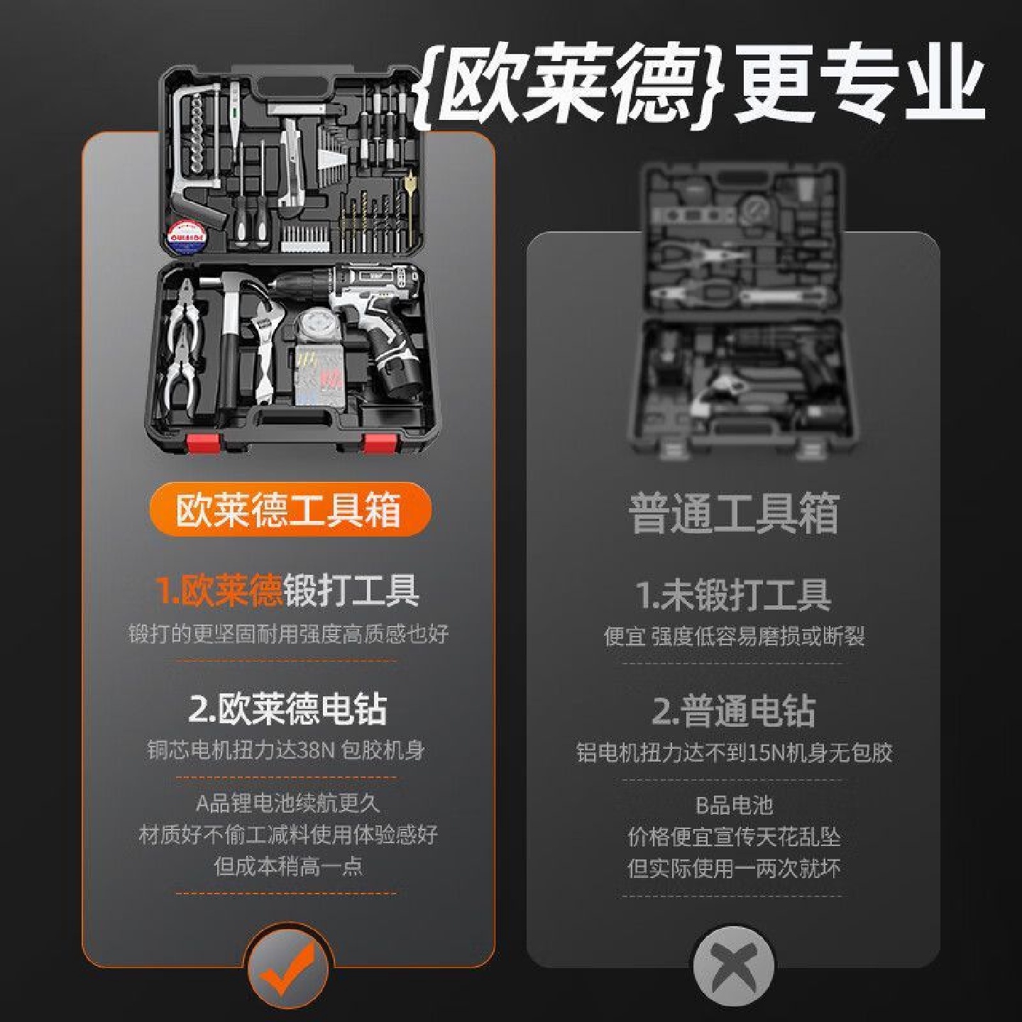 欧莱德充电电钻工具套装五金电工木工维修多功能家用组合套装