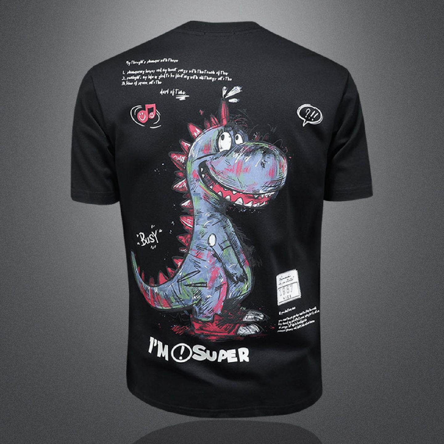 新款夏装男士短袖恤衫卡通恐龙印花圆领体恤棉衣服青年潮流潮男装