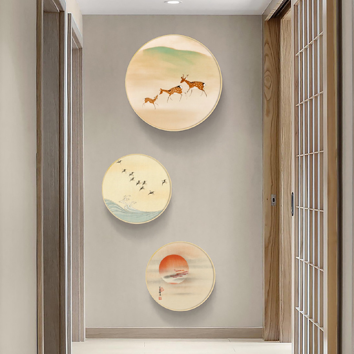 游鹿归日系原木风玄关装饰画和风榻榻米餐厅新中式背景墙挂画图片