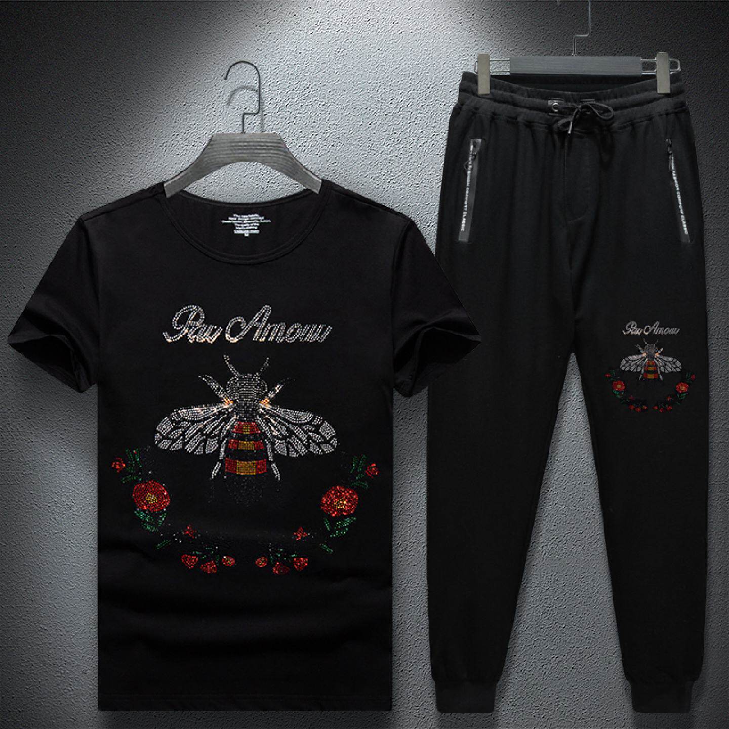 2026潮男套装搭配帅气烫钻短袖恤男长袖冰丝休闲裤衣服潮流打底衫