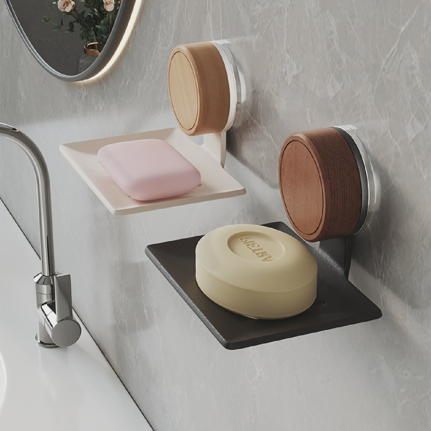 吸盘式肥皂盒壁挂式香皂盒子免打孔新款胡桃木浴室家用沥水肥皂架