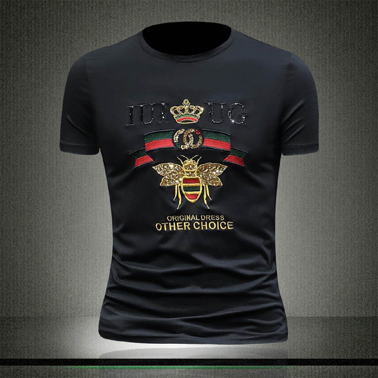 欧货小蜜蜂男士恤潮牌时尚修身休闲夏季新款亮片绣花短袖体恤衫潮