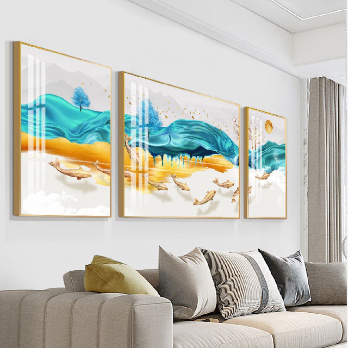 北欧抽象客厅装饰画麋鹿发财树挂画晶瓷画三联画晶钻画轻奢画批发图片