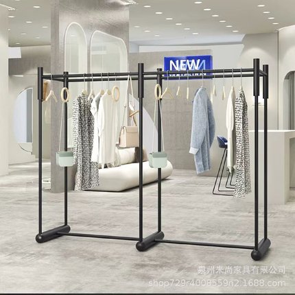 不锈钢双排中岛货架黑色落地式陈列中岛架挂衣杆中岛服装店展示架