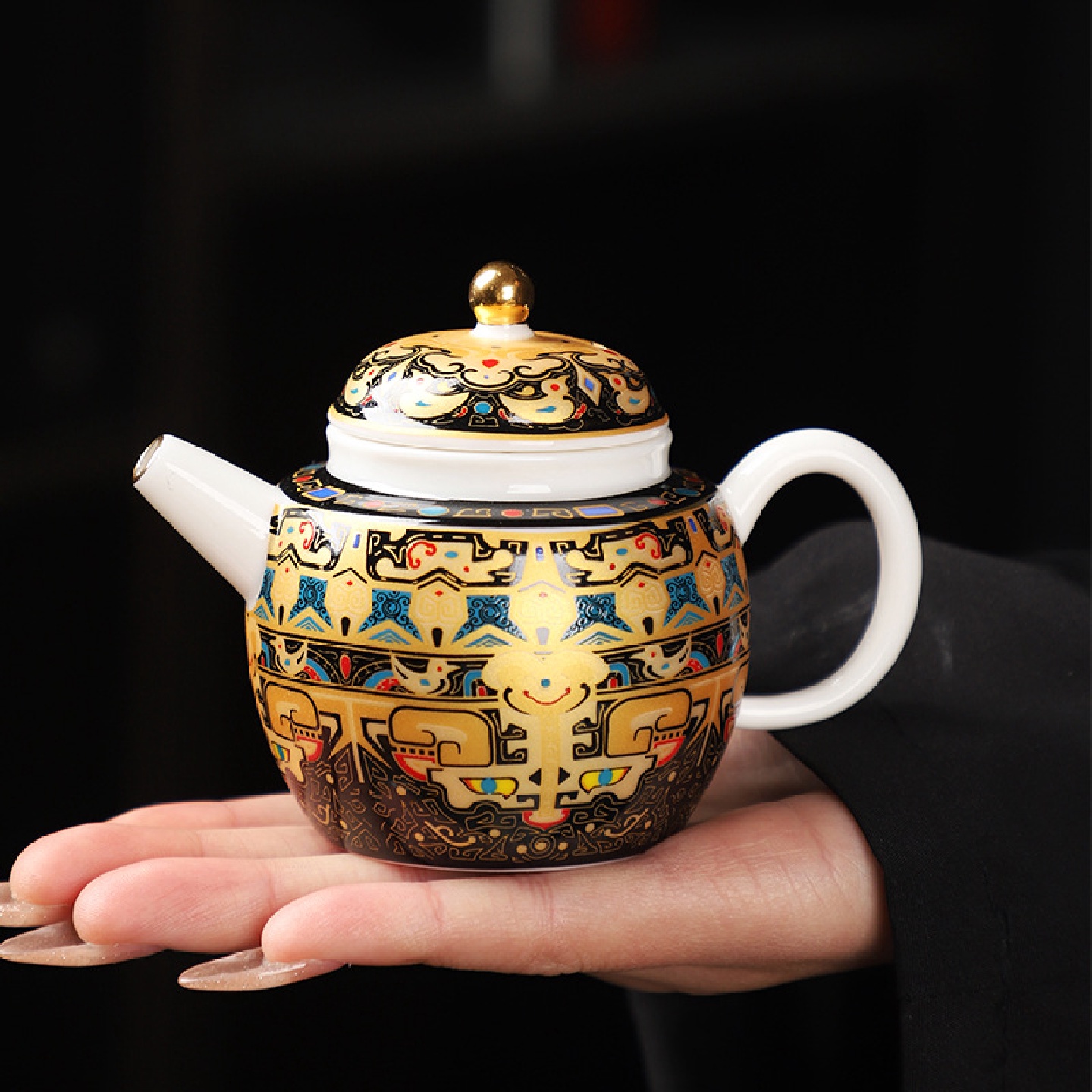 羊脂玉唐卡小茶壶家用陶瓷小号泡茶壶复古描金单壶文玩把把壶手把