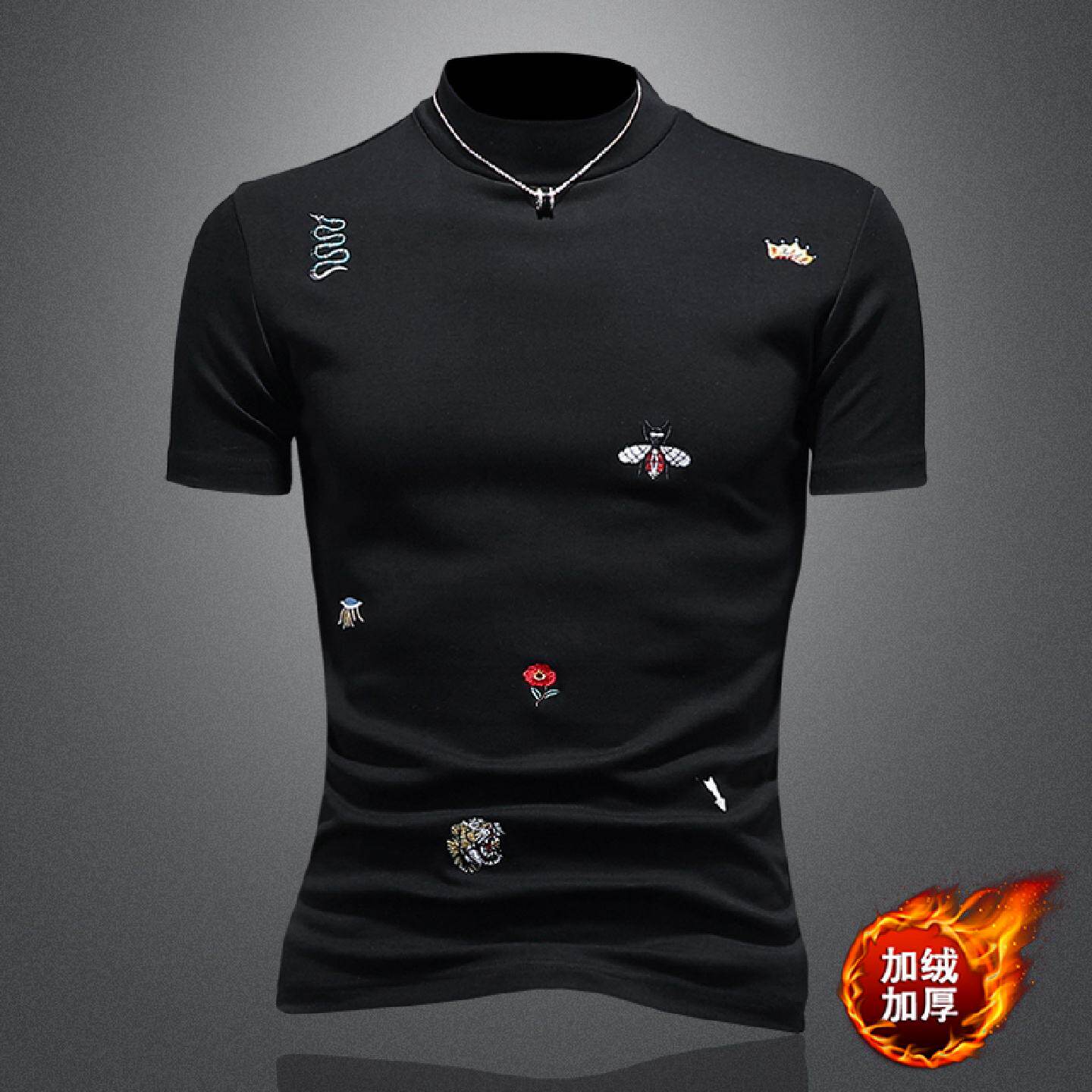 高端秋冬短袖男士纯棉小蜜蜂刺绣加绒加厚中领内搭内搭恤衫潮流潮