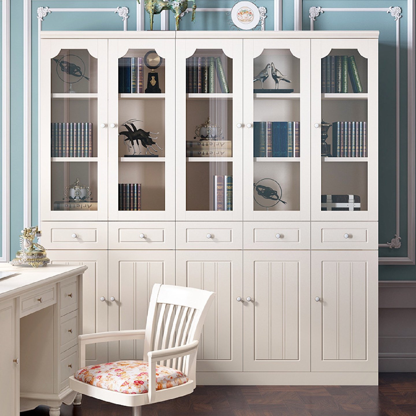 大带单个背景玻璃门书架欧式背景墙落地书柜白色玻璃防尘带实木书