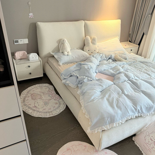 蓝色小清新条纹四件套新款 通用花边纱布床上用品 2025四季