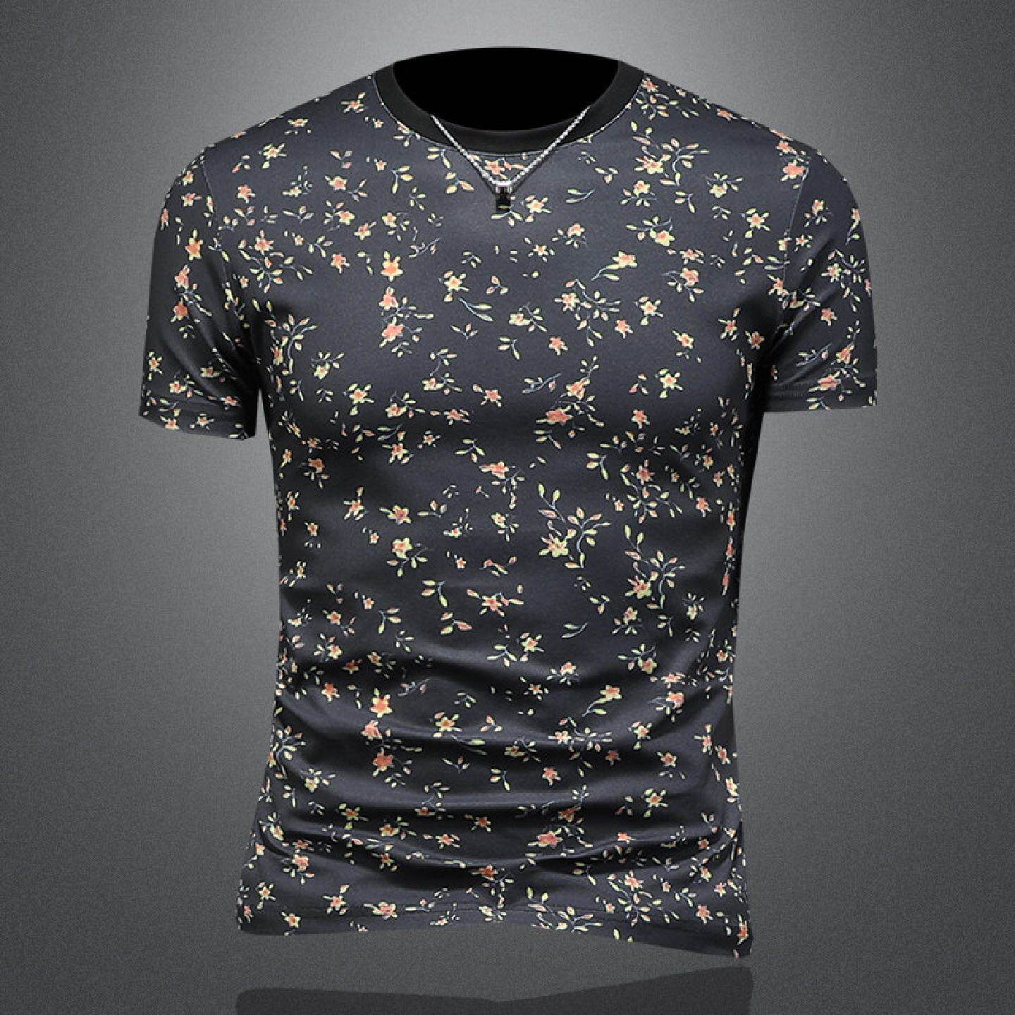 夏装新款男士圆领短袖恤衫个性碎花修身潮流休闲青年百搭男潮男装