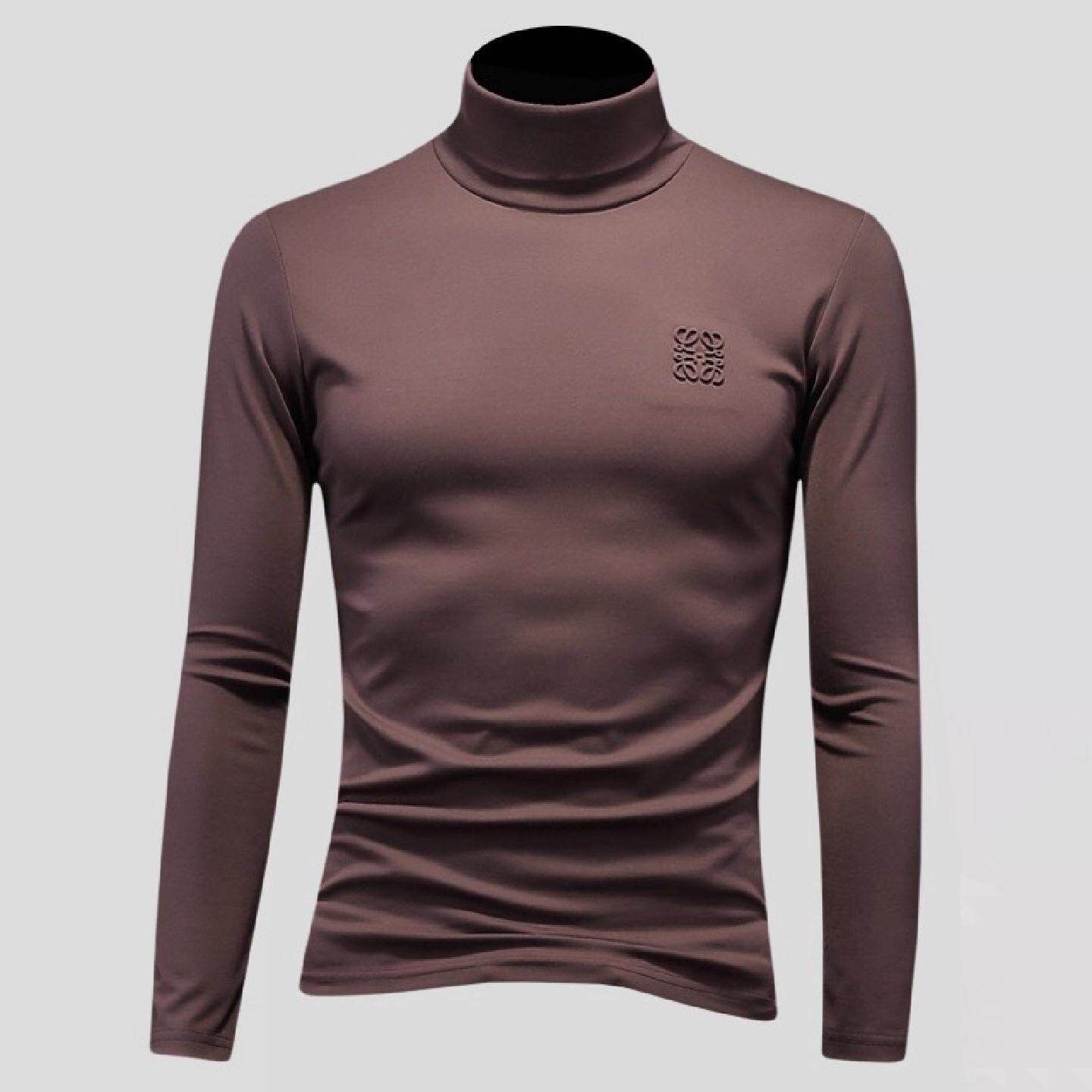 纯色高领长袖恤男士磨毛打底衫秋冬潮牌提花修身体恤小衫薄绒厚潮