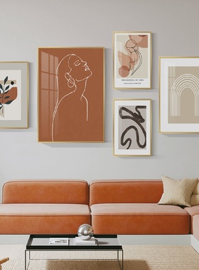 北欧风格抽象线条艺术画橙色装饰画人物墙画客厅时尚现代创意挂画