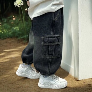 男童工装牛仔裤2025秋冬新款中小童洋气宽松束脚休闲裤男孩加绒潮