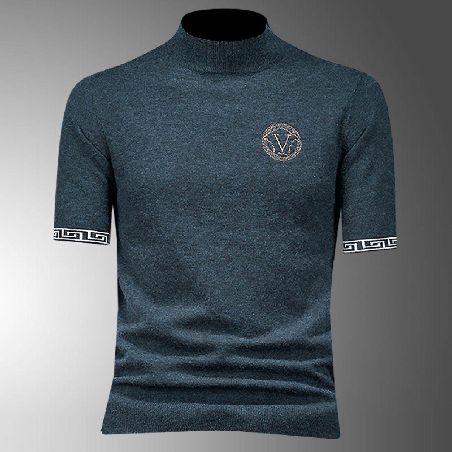 短袖羊毛衫男士半高领打底衫秋冬潮牌刺绣休闲半袖中领毛衣针织衫