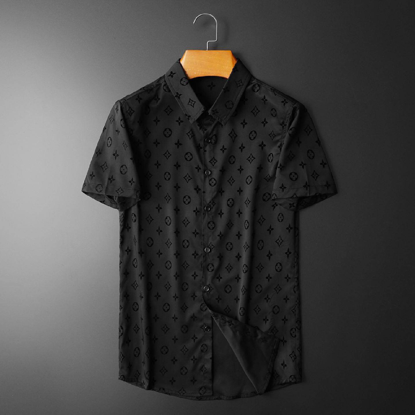 欧洲站衬衣男士夏季高档植绒轻奢欧货短袖衬衫男潮牌大码半袖衬衫