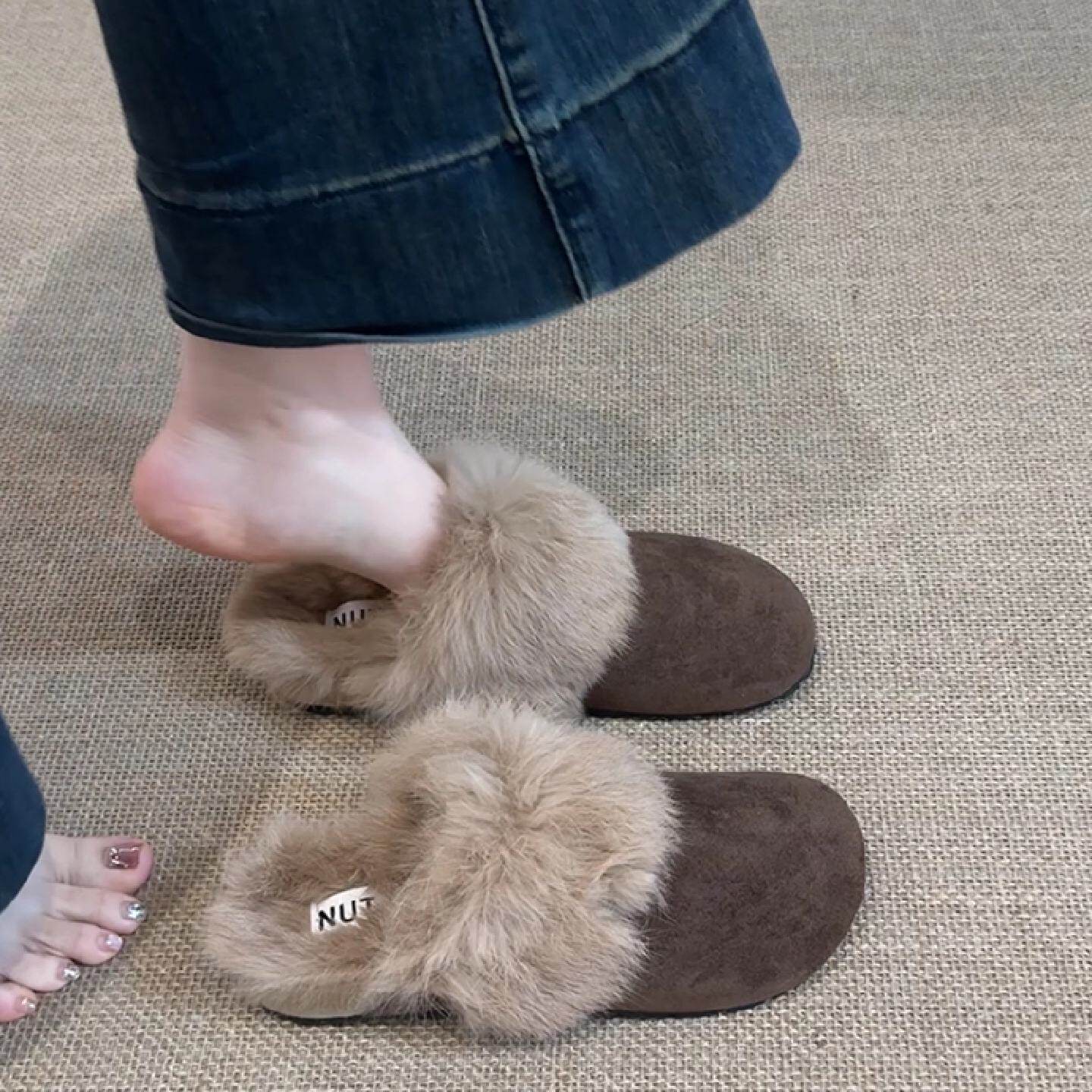 平底加绒包头半拖鞋女外穿2025冬季新款毛毛棉拖雪地靴女