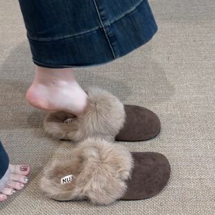 平底加绒包头半拖鞋女外穿2025冬季新款毛毛棉拖雪地靴女