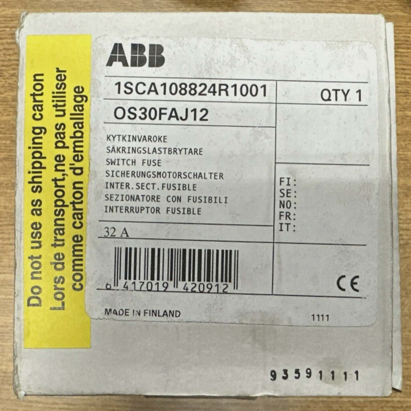 ABBOS30FAJ12GENERALPURPOSESWITCHFUSE30A600V1SCA10882