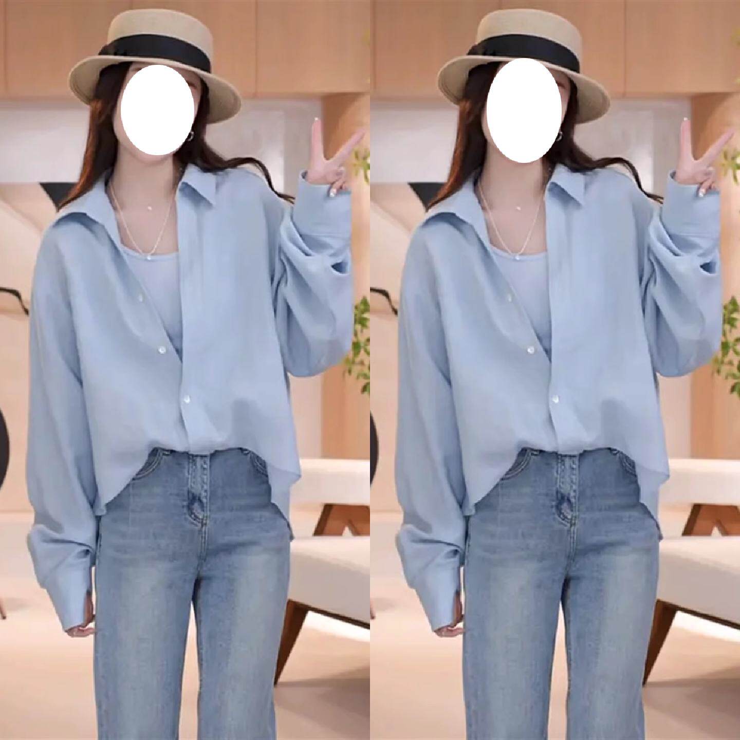 欧若风穿搭蓝色假两件长袖衬衫女春季2025新款设计感独特漂亮上衣