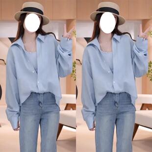 欧若风穿搭蓝色假两件长袖衬衫女春季2025新款设计感独特漂亮上衣