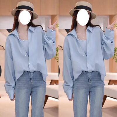 欧若风穿搭蓝色假两件长袖衬衫女春季2025新款设计感独特漂亮上衣