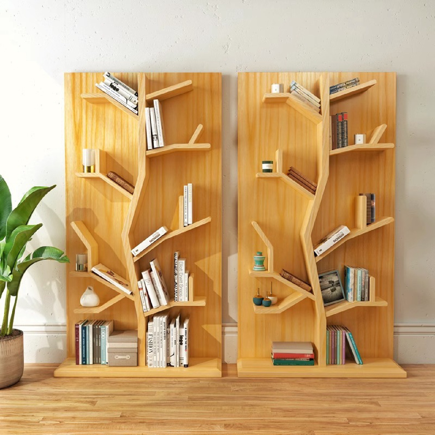 简约现代原木创意书架置物架客厅落地免打孔实木树形可移动书报架