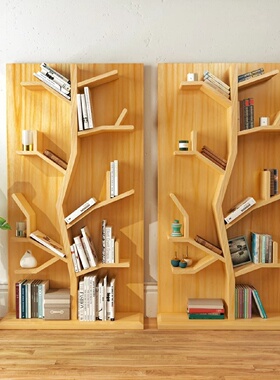简约现代原木创意书架置物架客厅落地免打孔实木树形可移动书报架