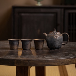 怀旧复古粗陶窑变茶具家用泡茶具送长辈 铁锈釉一壶三杯茶具套装