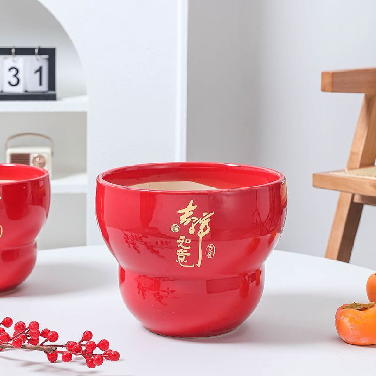 现代中式新年红色陶瓷花盆家用君子兰蝴蝶兰专用盆北美冬青盆栽盆