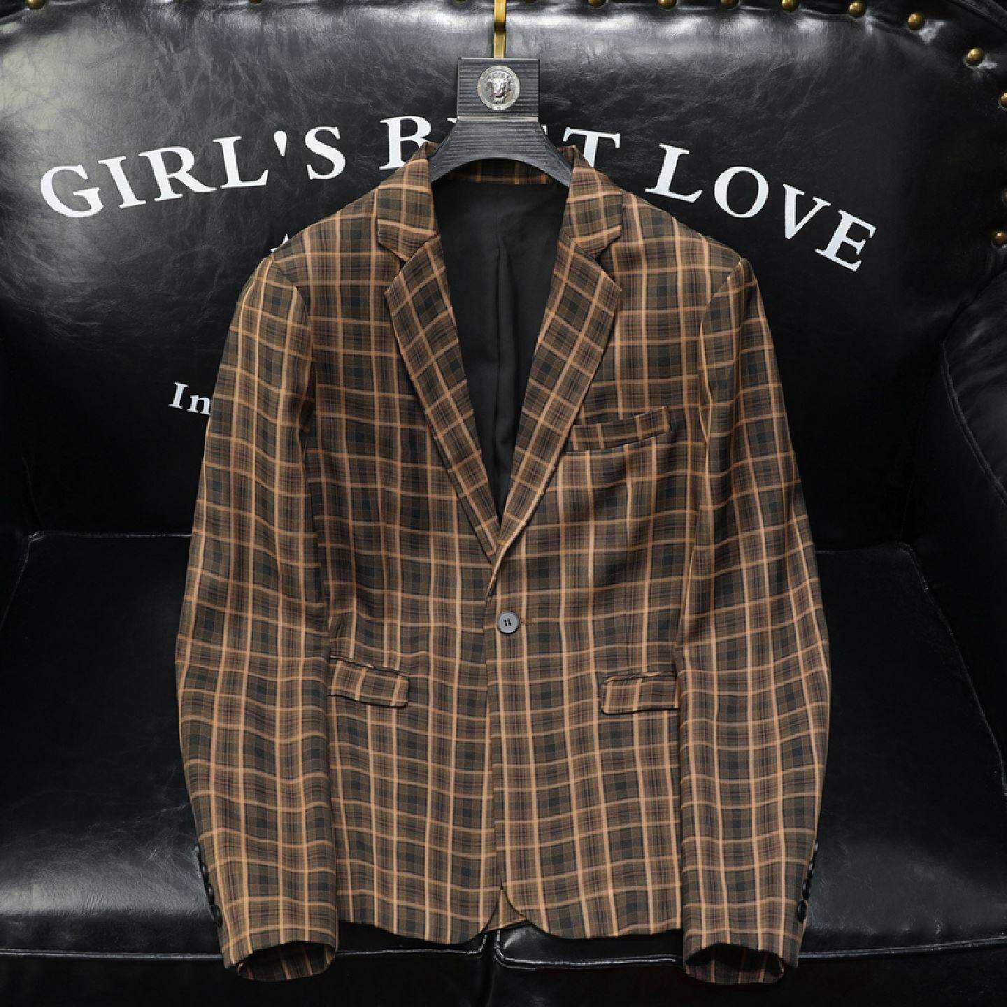 男士西装外套春秋季新款潮流时尚格纹翻领英伦单西修身休闲西服潮