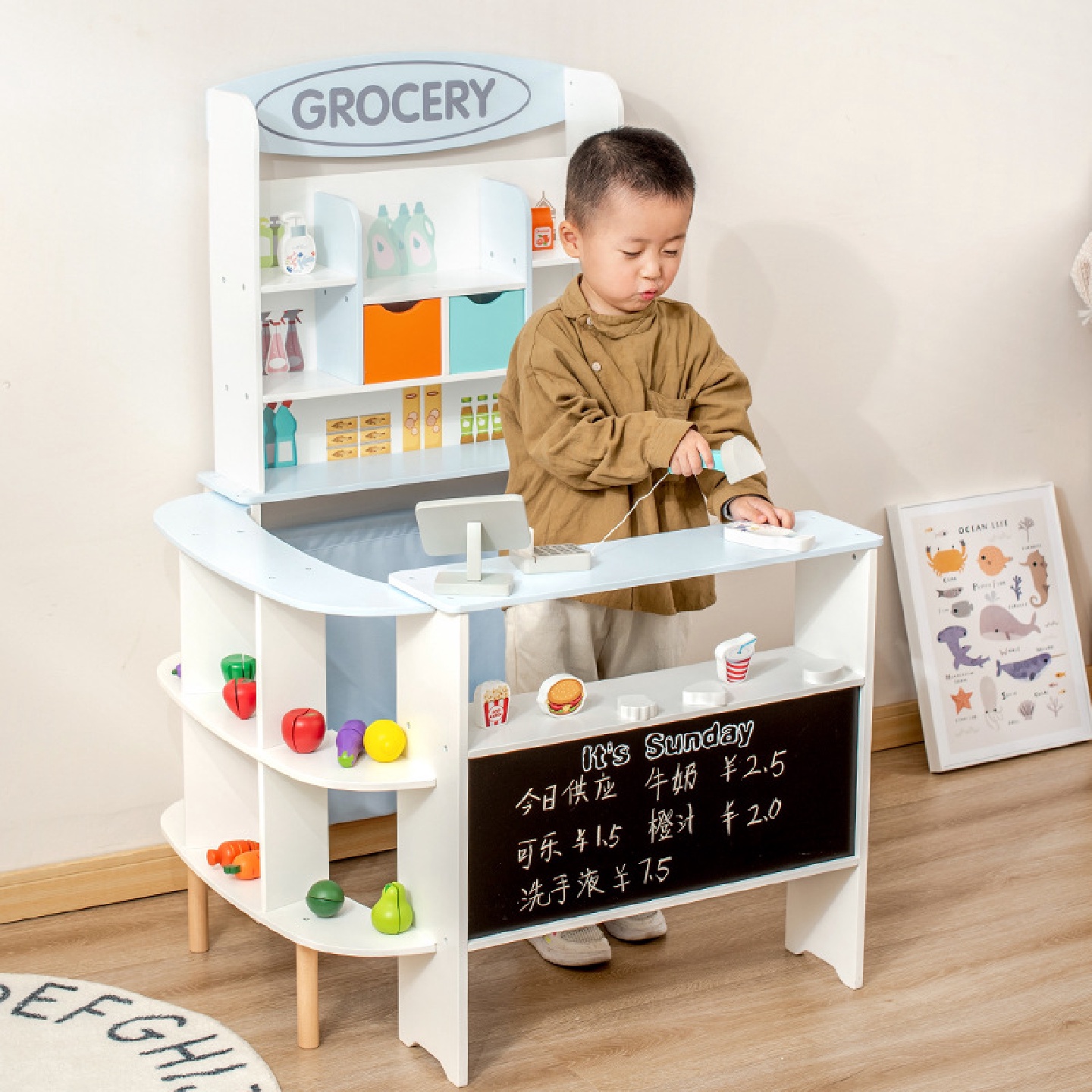 木制儿童仿真超市收银便利商店小卖部甜点饮料售货架过家家玩具