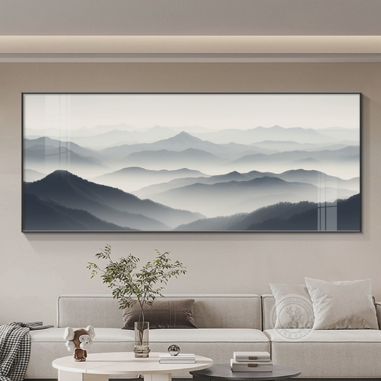 壁画中式靠山挂画风景背景墙感高级客厅沙发有山无水背有装饰画新