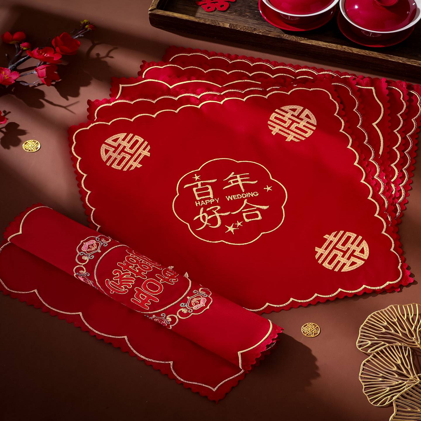 新娘嫁妆喜字手帕方巾结婚用品大全女方出嫁备婚物品红色刺绣手绢