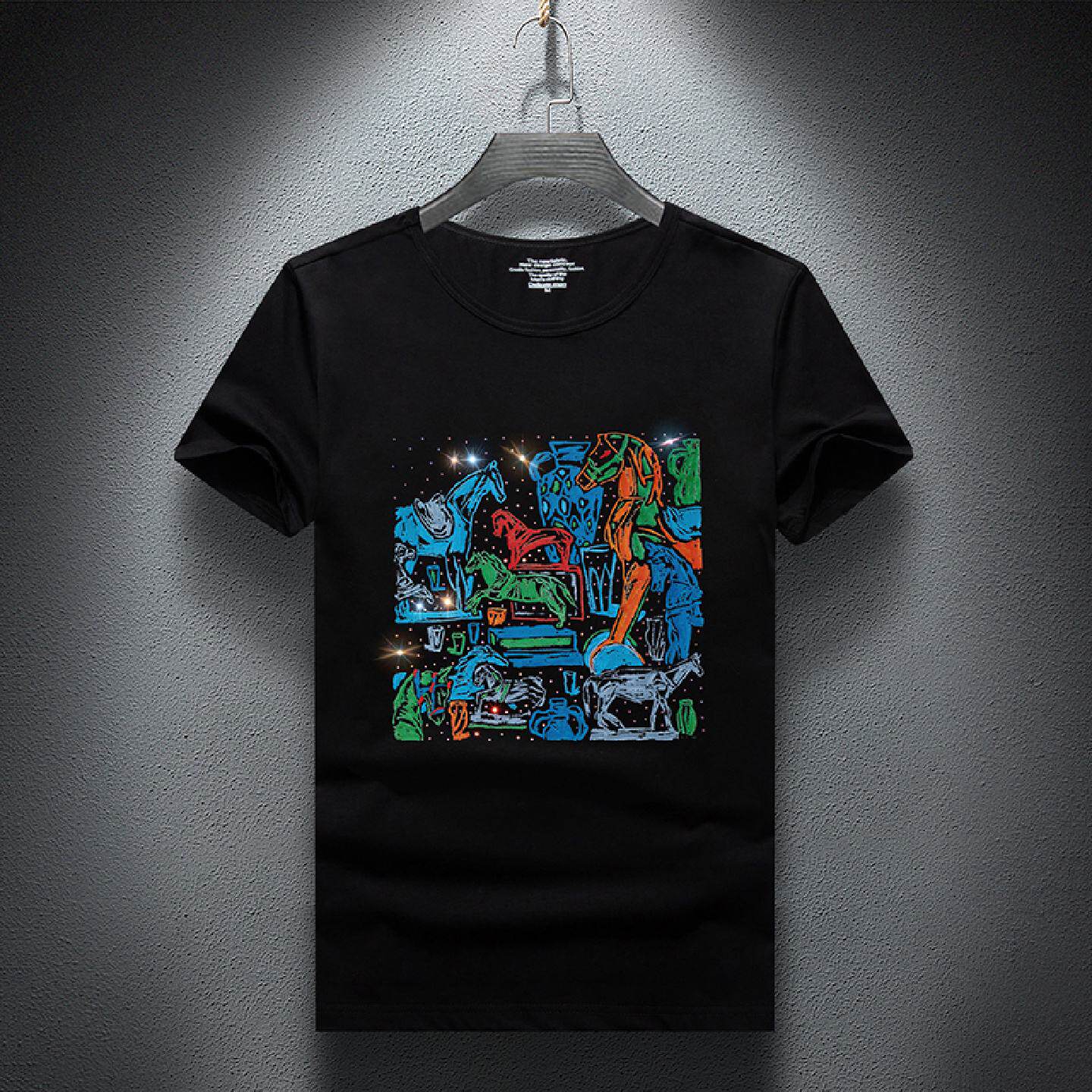 2026欧洲站重工印花烫钻恤男夏季新款修身个性潮流半袖男士短袖高