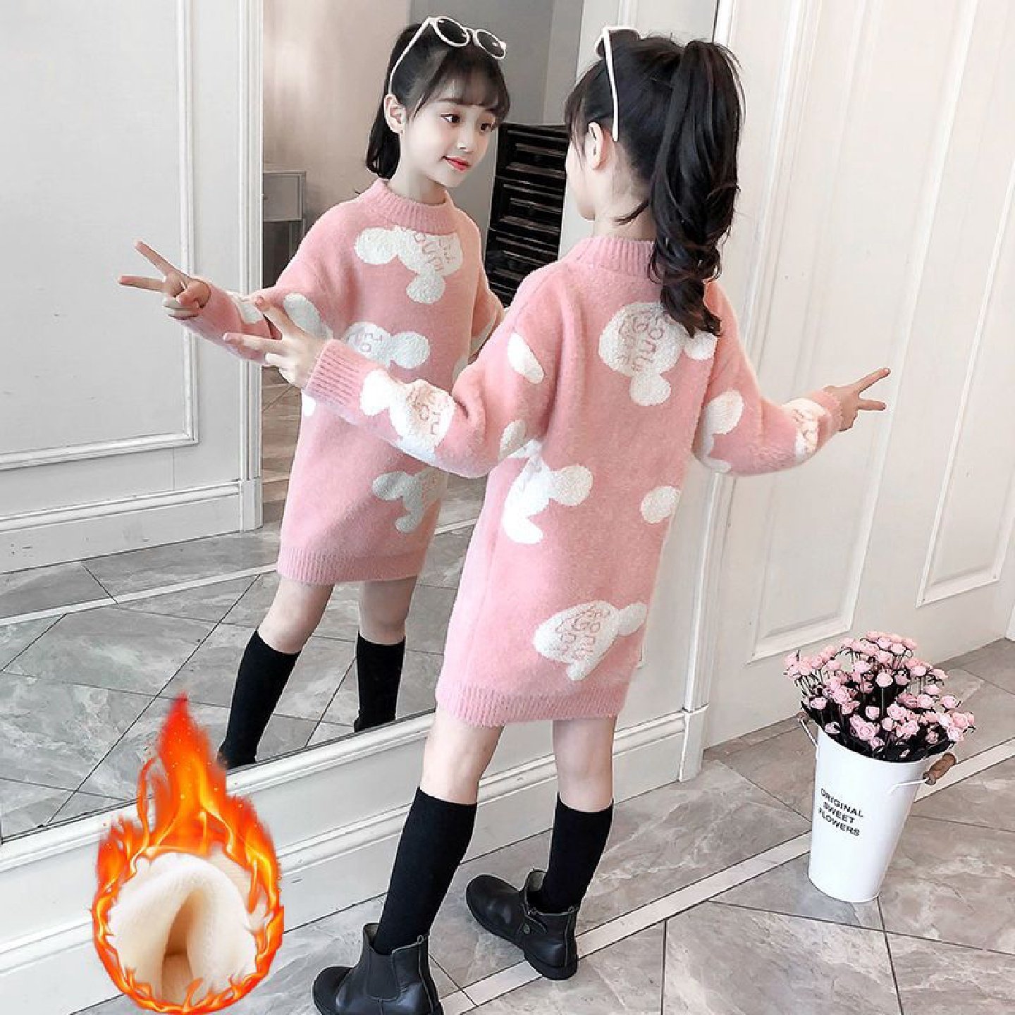 女童毛衣秋冬长款水貂绒中大童套头加绒加厚针织衫儿童打底毛衣裙